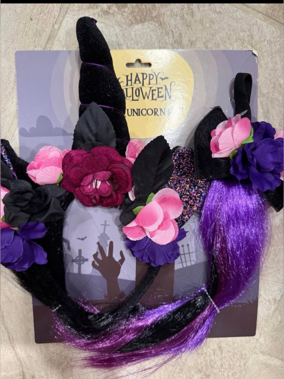 Dark Unicorn Horn Headband and hair tie - Purple & Black Floral